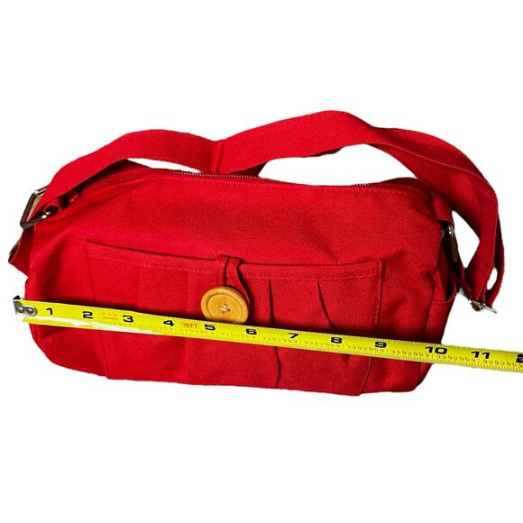 Vintage Red Canvas Shoulder Bag Wooden Button Accent Adjustable Strap Purse - Picture 7 of 7